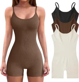 3pcs Womens Bodysuit Yoga Workout Romper One Piece Outfits Ribbed Sleeveless Going Out Bodycon Jumpsuit Shorts