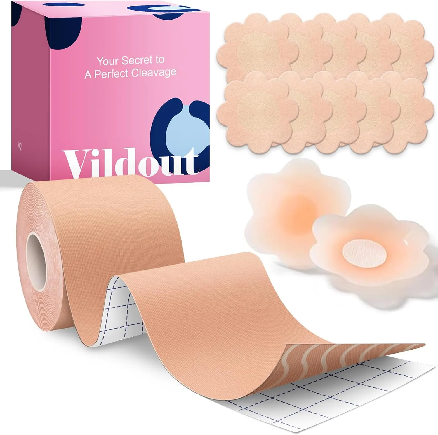 Boob Tape Kit -Boobtape for Breast Lift with Petals and Covers, Breathable Sticky Adhesive Bra Tape, Push Up Boobytape for Breast Lift, Breast Tape Suitable for Large Breasts A-G Cup Beige