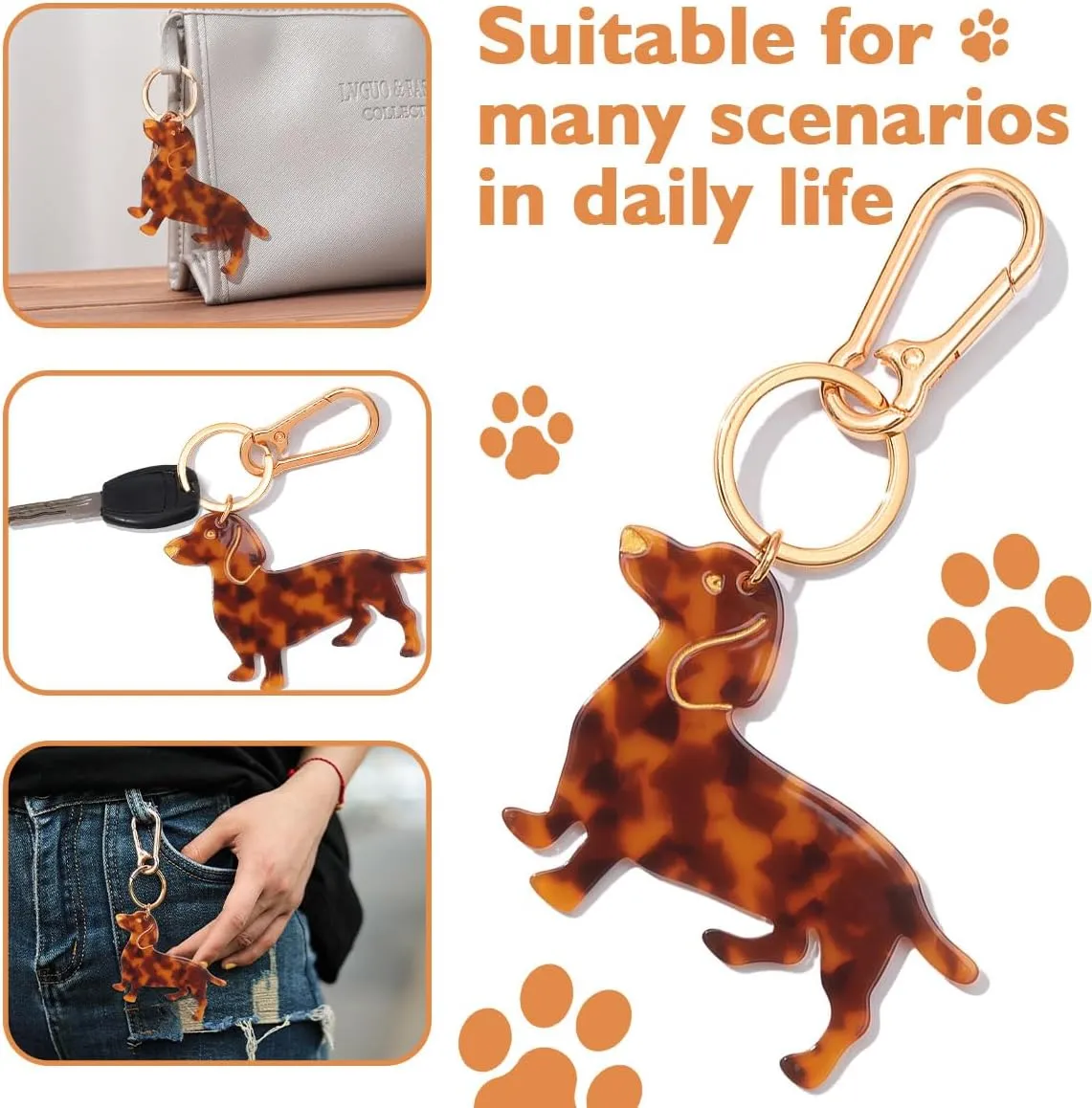 Dog-Shaped Bag Clasp & Keychain Charm- Acetate Animal Clip with Gold-Tone Metal, Decorative Purse/Backpack/Leash Hardwar Gift for Dog Lovers
