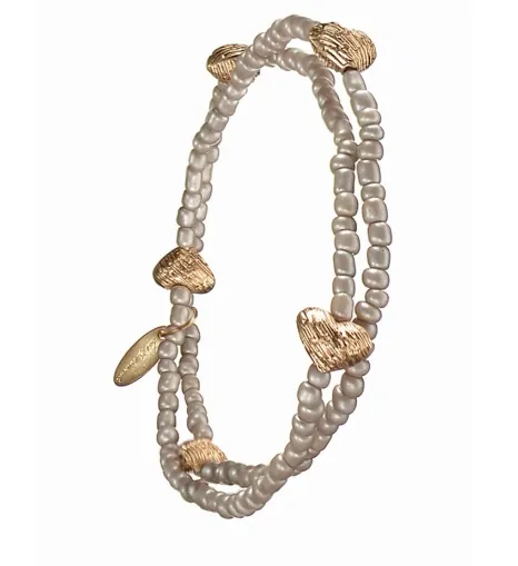 Double Seed Bead Captured Hearts Bracelet - Grey/Gold by Hot Tomato