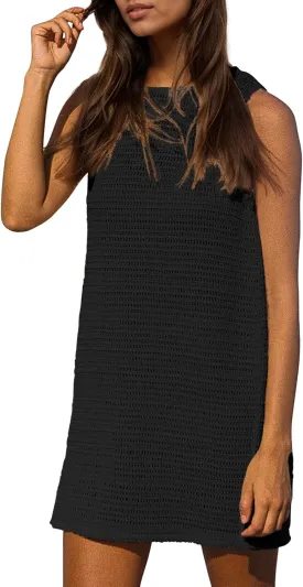 Gacaky Women's Summer Mini Dress Swimsuit Crochet Swim Cover Up Bathing Suit Swimwear Mesh Knit Beach Mini Dress