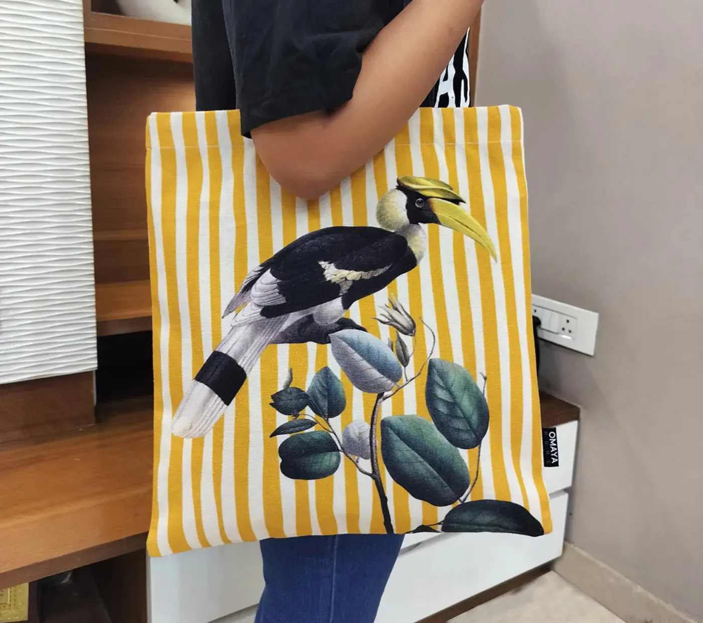 House of Omaya Printed Hornbill bird Canvas design Tote Bag 34X36 cm.