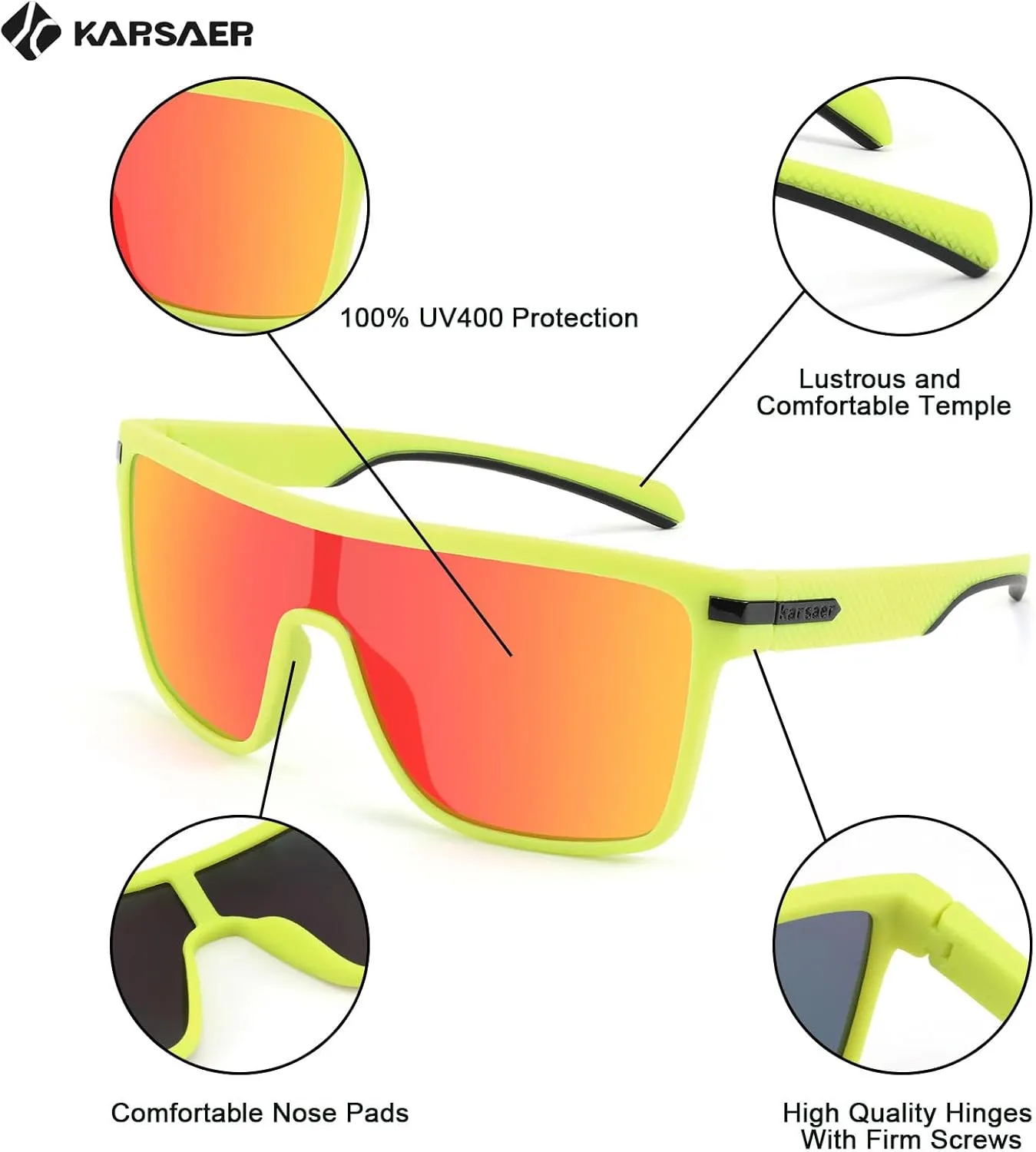 Karsaer Flat Top TR90 Polarized Sports Mens Sunglasses Vintage Square Cycling Running Fishing Golf Hiking Sports Glasses