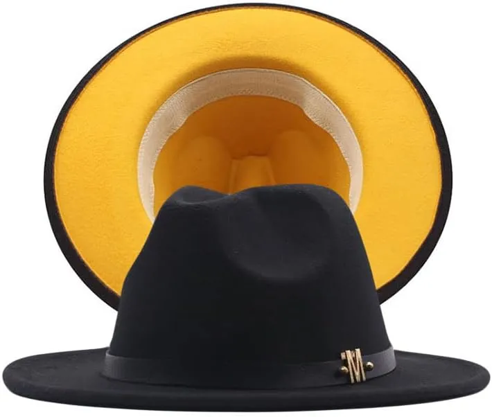 NC Two-Colors Patchwork Fedora Hats with M Leather Band Women Party Felted Bowler Cap Casual Men Wide Brim Church Fedoras (Black and Yellow)