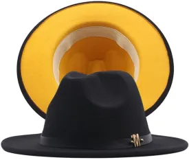 NC Two-Colors Patchwork Fedora Hats with M Leather Band Women Party Felted Bowler Cap Casual Men Wide Brim Church Fedoras (Black and Yellow)