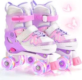 NEMONE 4 Size Adjustable Light up Roller Skates for Girls, Butterfly Roller Skates for Kids Ages 4-6 5-8 6-12 8-12, Todder Beginner Skates Indoor Outdoor