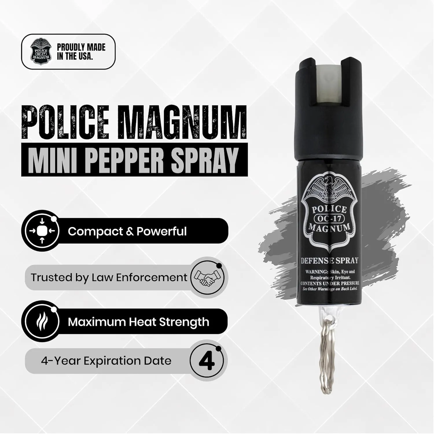 Police Magnum Mini Pepper Spray Self Defense Safety Tool- Tactical Strong Built-in Keyring Holder- Maximum Heat Strength OC- Made in The USA 1/2oz