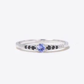 Reversed Tapered Ring With Natural Tanzanite & Black Spinel Diamond Delicate Casual Silver Ring