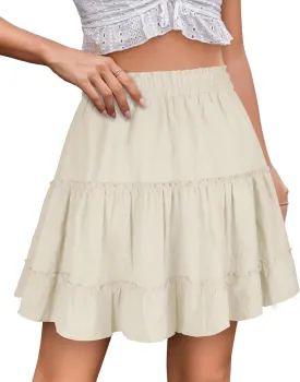 Summer Skirts for Women 2025 Vacation Cotton Ruffle Elastic Waist A-Line Casual Short Skirt