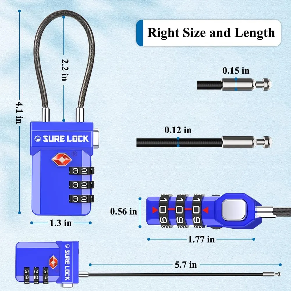 SURE LOCK TSA Approved 3-Digit Combination Luggage Locks  Open Alert Indicator, Re-settable Code with Zinc Alloy Body, Easy-Read Dials for Suitcase, Backpack, Gym Locker & Toolbox (Multiple Colors)