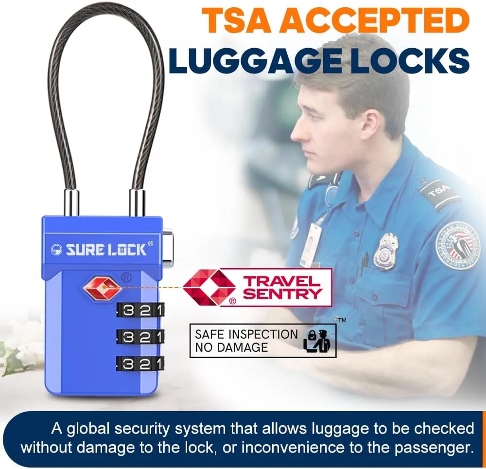 SURE LOCK TSA Approved 3-Digit Combination Luggage Locks  Open Alert Indicator, Re-settable Code with Zinc Alloy Body, Easy-Read Dials for Suitcase, Backpack, Gym Locker & Toolbox (Multiple Colors)