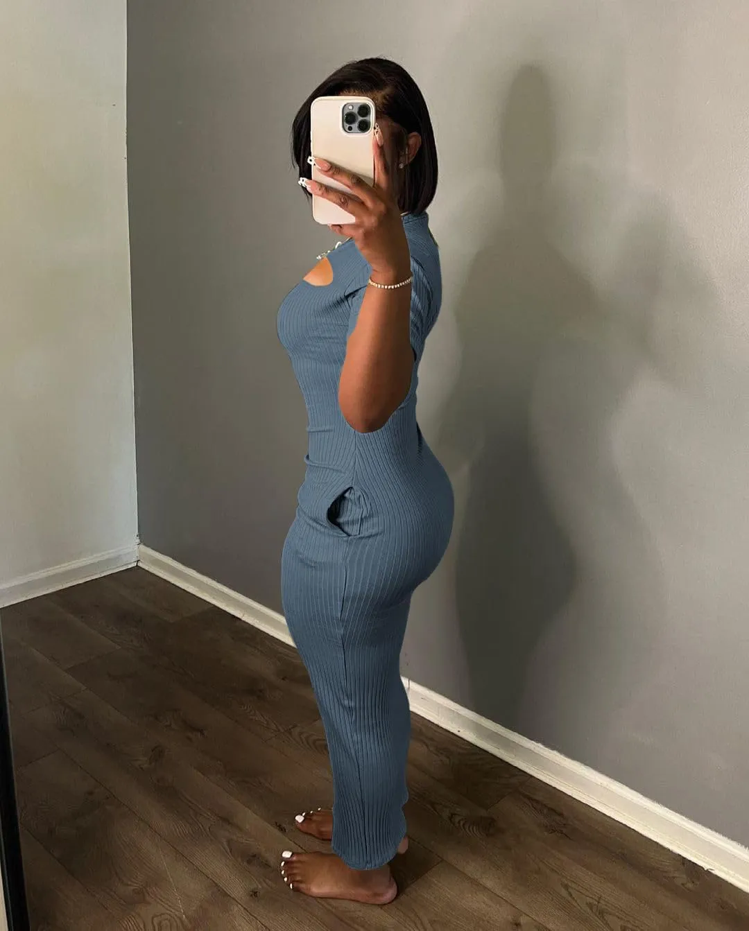 Women's Casual Short Sleeve Dress T Shirt Bodycon Dresses Ribbed V Neck Maxi Sundress Basic Party Club Dress with Pocket
