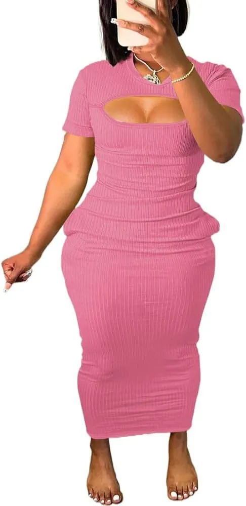 Women's Casual Short Sleeve Dress T Shirt Bodycon Dresses Ribbed V Neck Maxi Sundress Basic Party Club Dress with Pocket