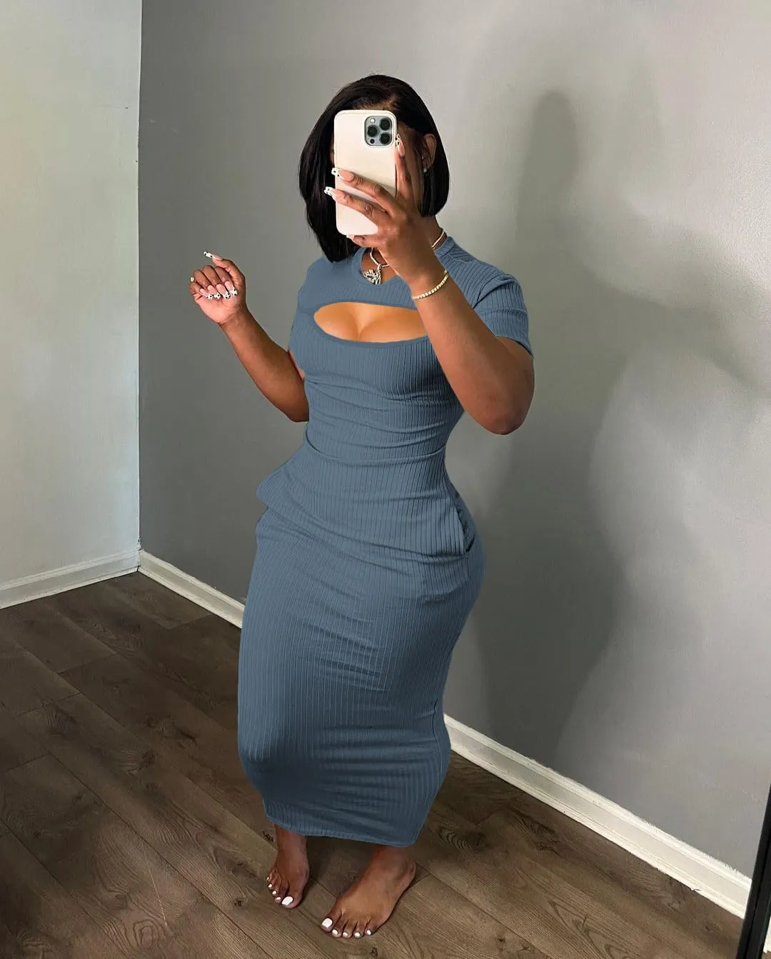 Women's Casual Short Sleeve Dress T Shirt Bodycon Dresses Ribbed V Neck Maxi Sundress Basic Party Club Dress with Pocket