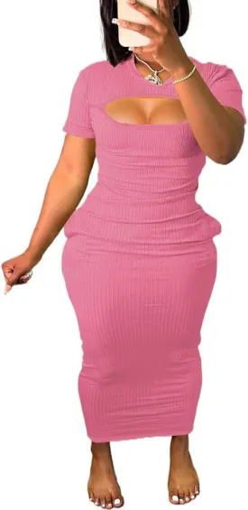 Women's Casual Short Sleeve Dress T Shirt Bodycon Dresses Ribbed V Neck Maxi Sundress Basic Party Club Dress with Pocket