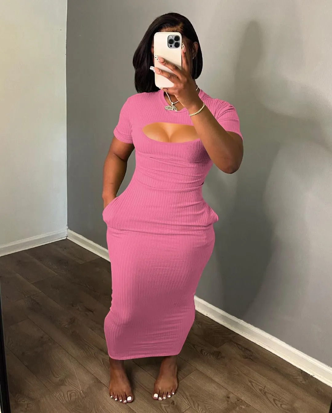 Women's Casual Short Sleeve Dress T Shirt Bodycon Dresses Ribbed V Neck Maxi Sundress Basic Party Club Dress with Pocket