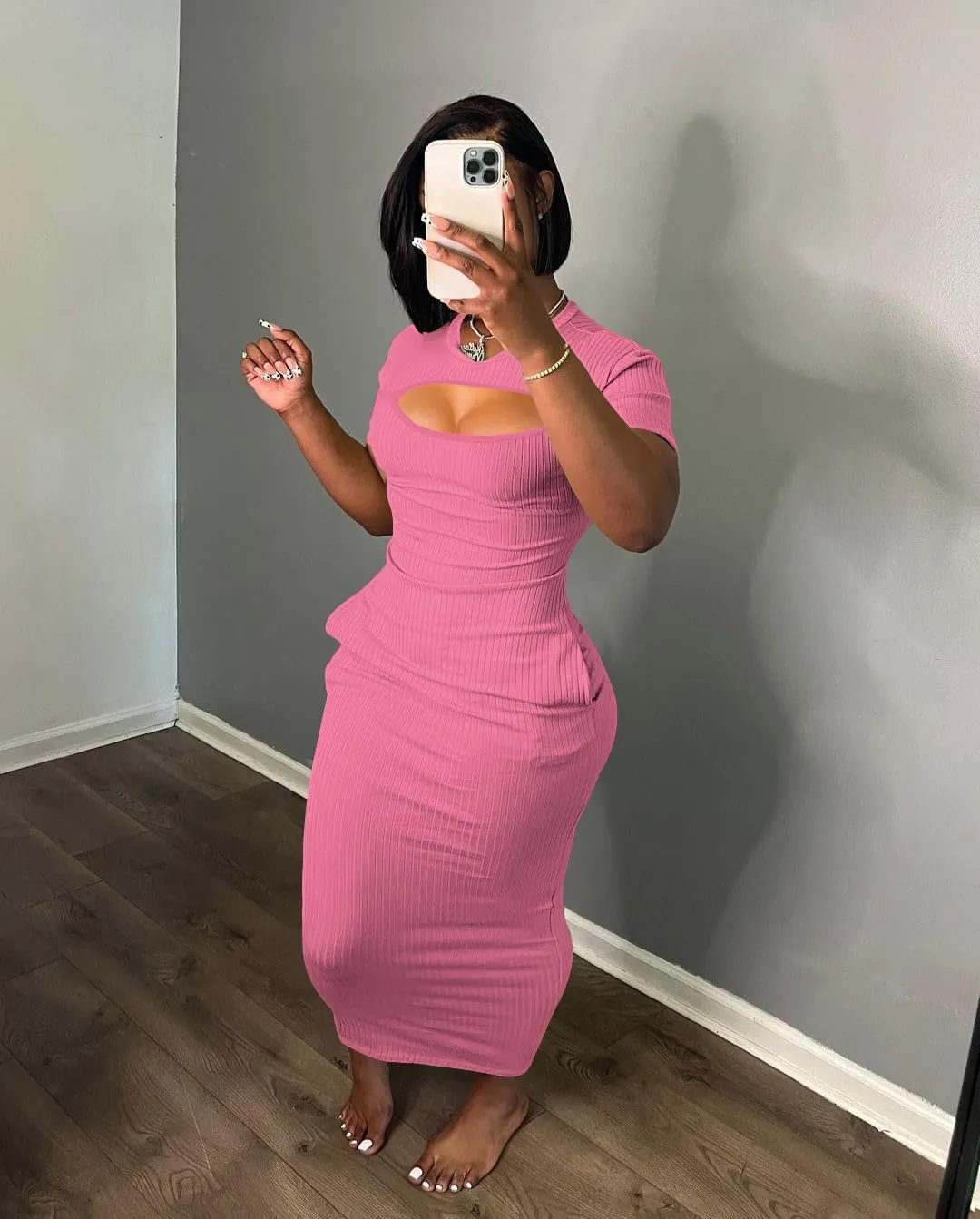 Women's Casual Short Sleeve Dress T Shirt Bodycon Dresses Ribbed V Neck Maxi Sundress Basic Party Club Dress with Pocket