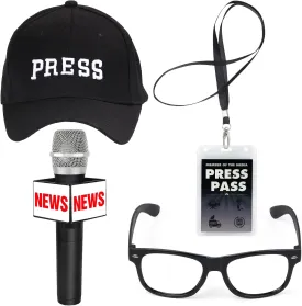 Yewong 4 Pieces Adult Journalist Costume Accessories Set Press Embroidered Hat Press Pass Microphone Prop Costume Glasses Frame for News Reporter Dress up Halloween Party